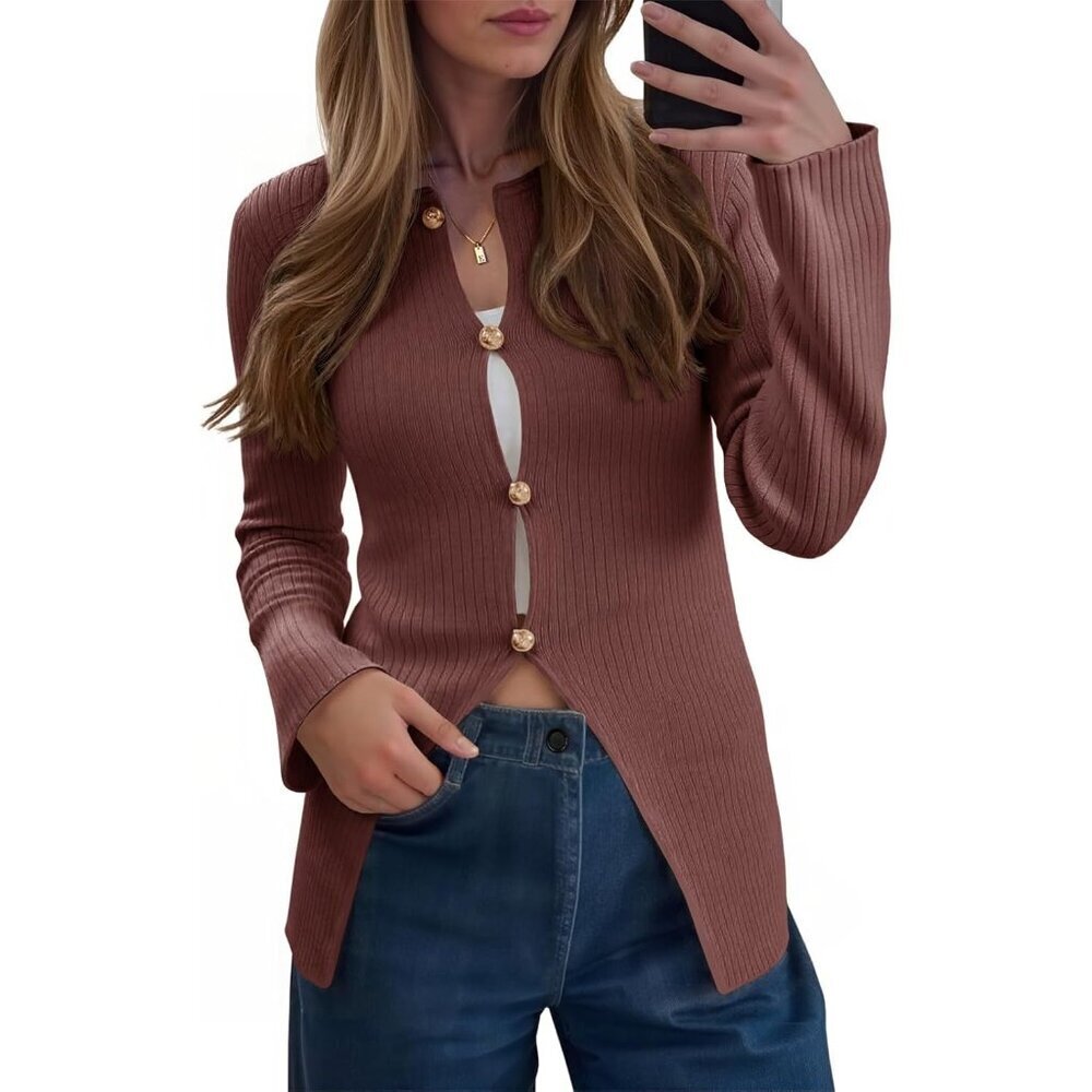 Womens Ribbed Long Sleeve Sweater Top Button Fitted Cardigan for Going Out
